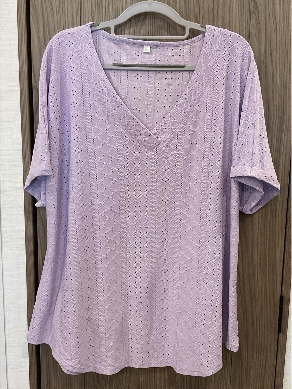 Womens V Neck Short Sleeve Purple Eyelet Tee Size 3 XL see Measurements In Pics